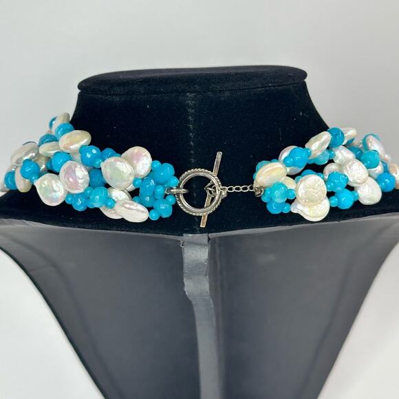 Vintage 90’s MOP And Blue Agate 5 Strand Bib Necklace - Picture 4 of 4